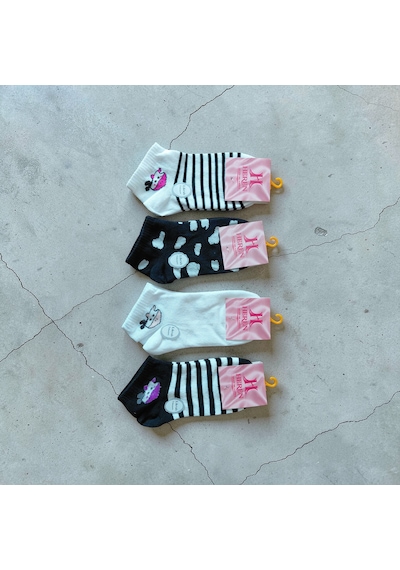 Heren Socks Heren İnek Desen Detaylı 4'lü Dikişsiz Kadın Patik Beyaz - Gri - Siyah