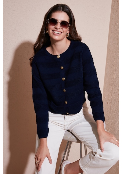 Lela Premium Regular Fit Bisiklet Yaka Düğmeli Dokulu Triko Bayan Hırka 680Hi00337 Lacivert