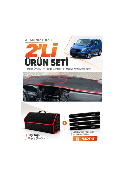 Ford Transit Custom 2016-2024 Uyumlu Torpido Örtüsü + Tay Tüyü Bagaj Çantası Seti - Siyah Kırmızı