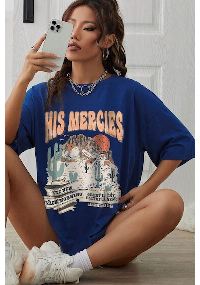 Uyguntarz Unisex His Mercies Baskılı Oversize Tshirt Mavi
