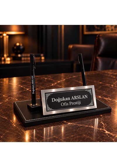 Ofis Prestij Signature Kişiye Özel Çift Kalemli Siyah Masa İsimliği
