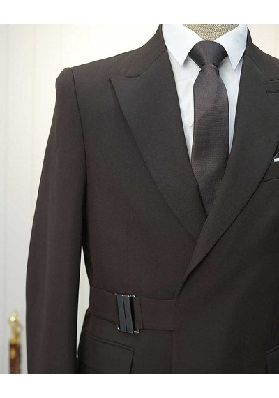 Bys Beystil Erkek Kahve Slimfit Beli Tokalı Takım Elbise