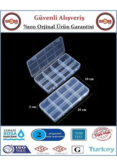 Organizer Kutusu - 12 Gözlü - Vida, Dubel, Takı, Boncuk Saklama Kutusu - 20x10x3cm Şeffaf