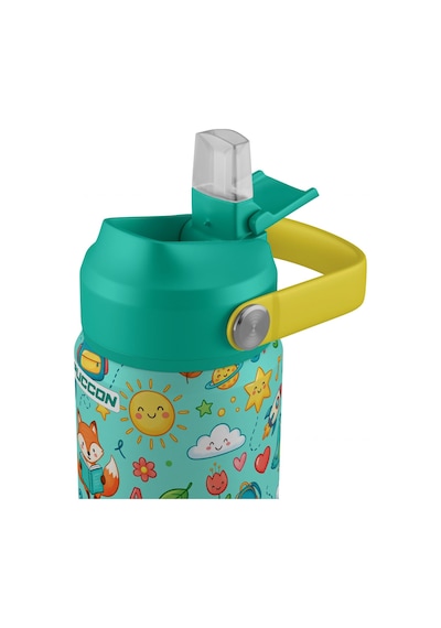 Puccon 540 Ml Sevimli Karakter Baskılı Yeşil Erkek Çocuk Pipetli Çelik Termos Matara/suluk - 60058