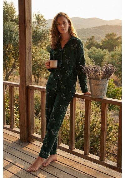 Lela Standart Fit Düğmeli Polarlı Bayan Pijama Takımı 6095616 Yeşil