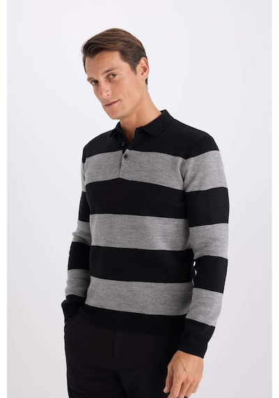 DeFacto Standart Fit Normal Kesim Çizgili Polo Yaka Triko Kazak Y4194AZ24WNBK27