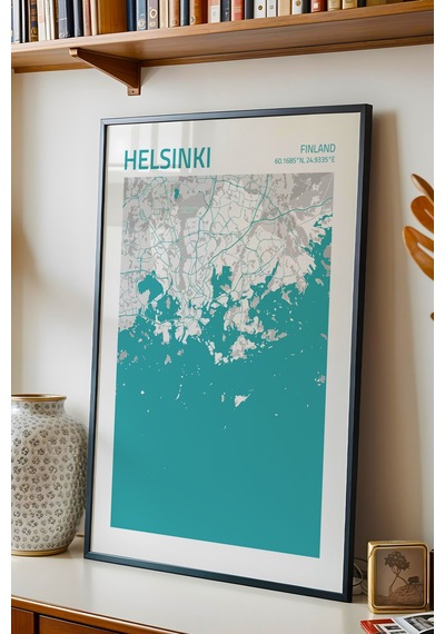 Helsinki Finlandiya Finland Haritası Çerçeveli Tablo Lüks Salon Ofis Duvar Dekorasyonu Tablo
