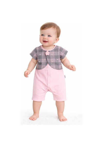 Chicsy Baby Kız Bebek Ekose Detaylı Tulum Tarz Çiçek Aksesuarlı Şık Yazlık Tulum Pembe