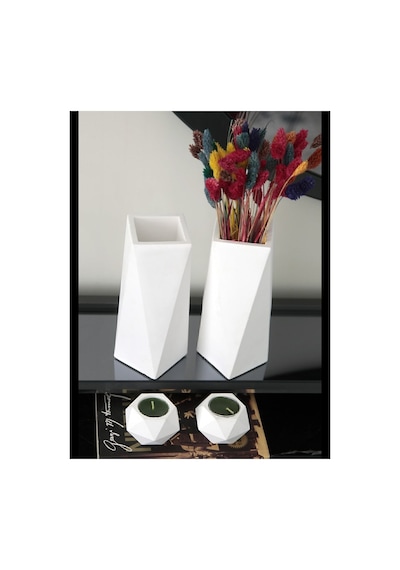 Geometrik Uzun Vazo 20 Cm Ve Geometrik Tealight Mumluk Set 4 Parça Ham Beyaz