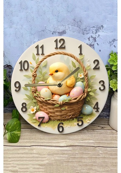 Sevimli Civcivli Sepet Tasarımlı Mdf Duvar Saati 33 Cm Sdw328 Renkli