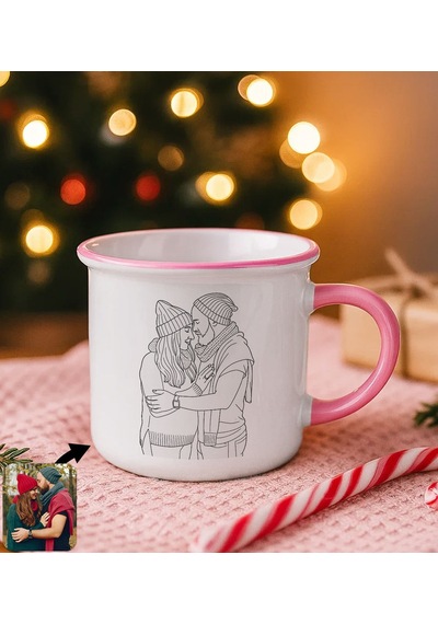 Bk Gift Kişiye Özel Line Art Çizimli Pembe Emaye Kupa Bardak -1, Arkadaşa Hediye, Sevgiliye Hediye