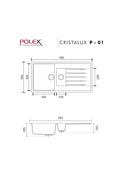 Polex Cristalüx Granit Evye P-01 Antrasit 1.5 Gözlü Tezgah Altı Ve Tezgah Üstü Mutfak Evyesi 99x49.5 CM