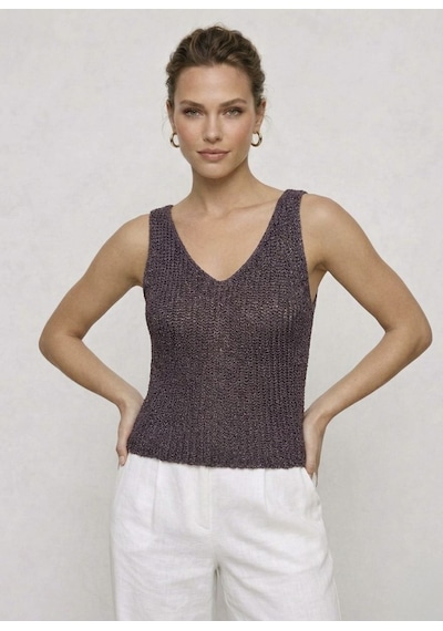 Neden Tekstil Twist Knot Detaylı Premium Kadın Triko Bluz V Yaka Örgü Dokulu Şık Crop Tasarım - Mürdüm