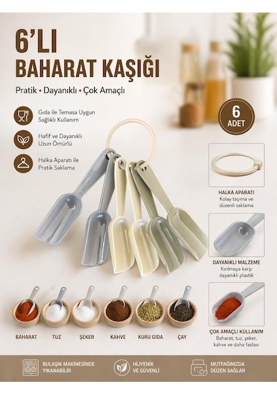 6'li Mini Baharat Kaşığı Seti Plastik Ölçü Kaşığı Baharat Küreği Kahve Şeker Tuz Ölçme Kaşığı Halkalı Mutfak Ölçü Seti Asorti Renk Çok Renkli