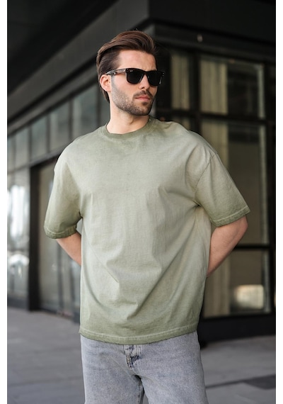 Madmext Haki %100 Pamuklu Bisiklet Yaka Oversize Erkek Tişört E7177 Haki