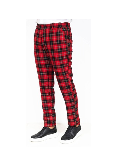 Wessi Dar Kesim Ekose Desenli Bordo Erkek Pantolon Bordo