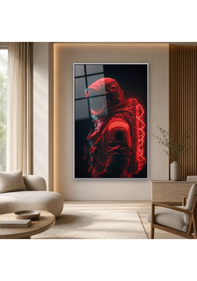 Kırmızı Neon Işıklı Astronot Gümüş Çerçeveli Cam Tablo