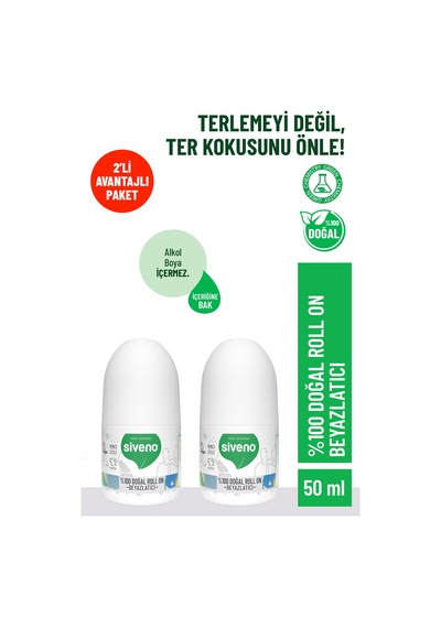 Siveno %100 Doğal Roll-on Beyazlatıcı Etkili Deodorant Ter Kokusu Önleyici Bitkisel Lekesiz Vegan 50 Ml X2 Adet