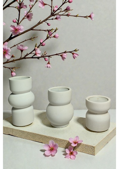 3lü Tealight Mumluk Seti - Dekoratif Beton Mumluk - Mumlar Dahildir Beyaz