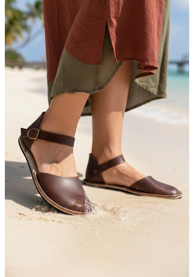 Bodhi Handcraft Kadın Barefoot Hakiki Deri Minimalist Günlük Sandalet El İmalatı Koyu Kahverengi