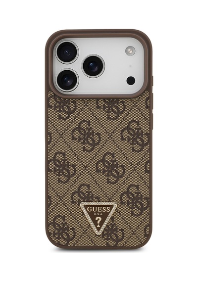 Apple iPhone Uyumlu 18 Pro Kılıf Guess Lisanslı M-safeli Taşlı Üçgen Logo 4g Desenli Strass Kapak Kahverengi
