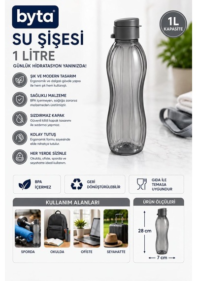 Plastik Su Şişesi Matara, 1000 Ml, Siyah Çok Renkli
