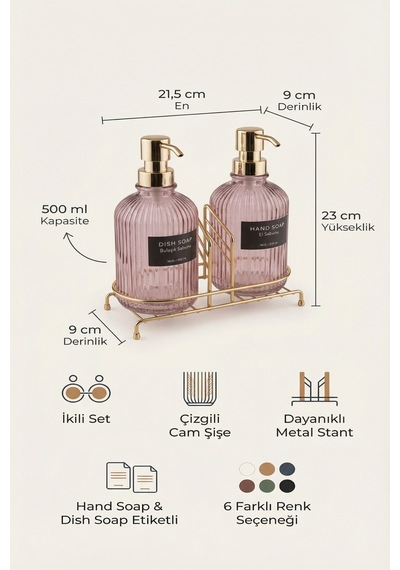 Buççin Online Mağaza Pembe 2'li Cam Sabunluk/deterjanlık, 500 Ml, Altın Renk Metal Stantlı, 21,5x9x23 Cm Cam Pembe Çok Renkli