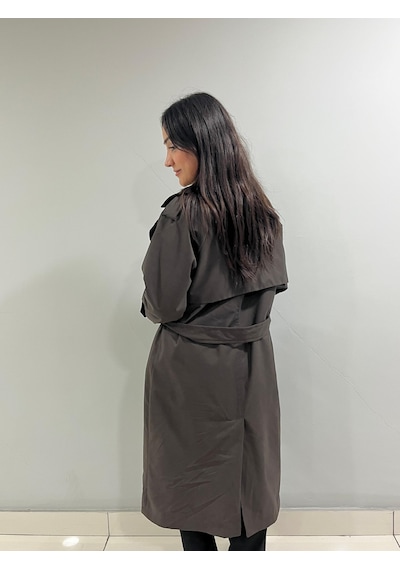 Kadın Kemerli Uzun Trençkot Su Geçirmez, Astarlı, Oversize Şık Model Kahverengi