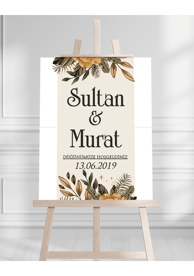 Söz Nişan Düğün İçin 50x70 Karşılama Panosu - Sonbahar Çiçek Ve Yaprak Tasarımlı 003 Beyaz
