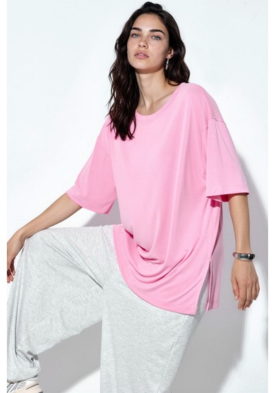 Hiccup Busem Yırtmaç Detaylı Bisiklet Yaka Kısa Kollu T-shirt Allık Pembe