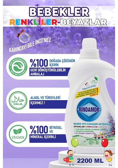 % 100 Doğal Bitkisel Bebek Sıvı Çamaşır Deterjanı Organik Lavanta Yağlı 2200 ML