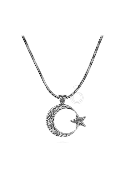 Gümüş Kelime-i Tevhid Yazılı Ay Yıldız Erkek Kolye Gümüş