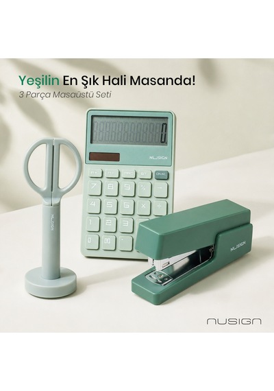 Nusign Hesap Makinesi &zımba & Makas Kırtasiye Seti -yeşil
