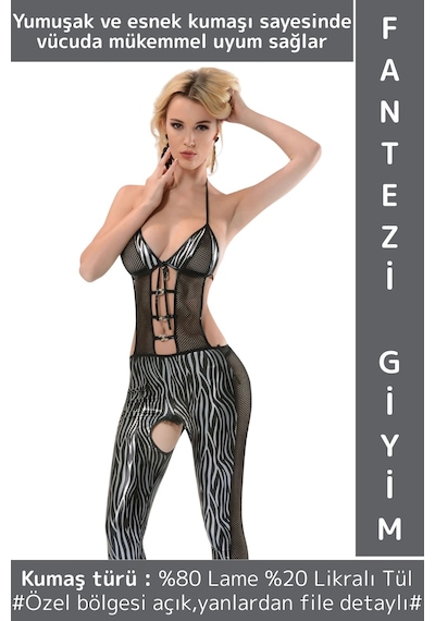 Wintoup Özel Kreasyon Sexy Fantezi Yılbaşı Sevgililer Günü Şık Rahat Kadın Zebra Desenli Lame Vücut Çorabı Çok Renkli