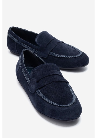 Luvi Shoes Francıs Lacivert Süet Hakiki Deri Örgü Detaylı Kadın Loafer Ayakkabı