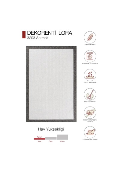 Hoom Rugs Lora 3203 Antrasit Çerçeveli Çizgili Pamuk Taban Hav Toz Vermez Sisal Halı
