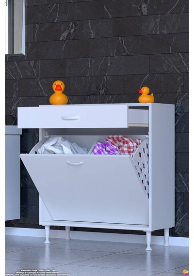 Emir 80 Cm 2 Gözlü Kirli Çamaşır Sepetli Ve Çekmeceli Çok Amaçlı Banyo Dolabı 80 Cm