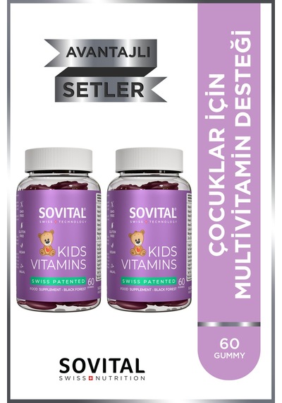Sovital Kids A, C, D3, B6, B12, Çinko, Kalsiyum İçeren Çocuklar İçin Çiğnenebilir,vegan,şekersiz 60 Gummy X 2 Adet