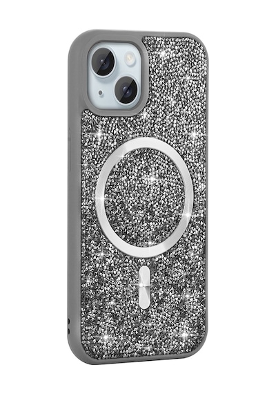 Zore Apple Uyumlu iPhone 15 Plus Kılıf Pırlanta Tasarımlı Magsafe Şarj Özellikli Mozaik Siliko Gri