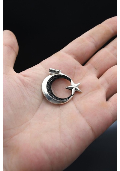 Ay Yıldızlı Ay Yıldız 925 Ayar Gümüş Kolye Zincir Siyah Mikro Taş Süslemeli 901262