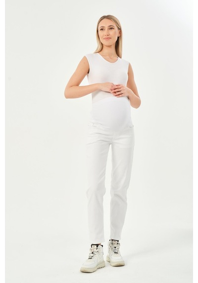 Busa Hamile Esnek Karın Bantlı Beli Ayarlanabilir Mom Fit Kot Pantolon Beyaz-beyaz