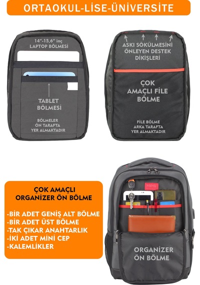 Körüklü Gri Okul Sırt Çantası Lise Üniversite Unisex Su Geçirmez Kumaş 14"-15,6" İnç Gri