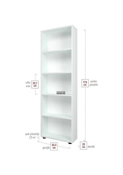 Bofigo Dekoratif 5 Raflı Kitaplık Modern Kitaplık Çınar Beyaz