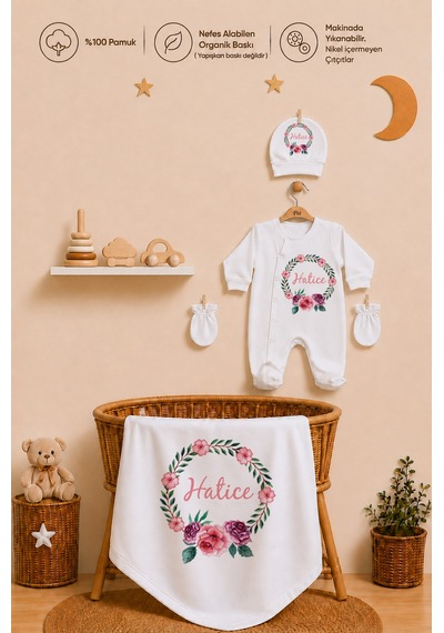 Pia Baby Kız Bebek İsimli %100 Pamuk Hastane Çıkışı 6 Parça Tulum Şapka Eldiven Hediye Seti 2063tybk3x Krem