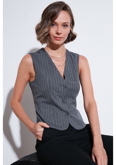 Lela Fitted-Vücuda Oturan Astarlı Klasik Dokuma Bayan Yelek 611Yl030W4 Gri-Beyaz
