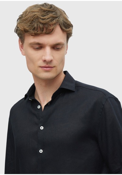 Ramsey Siyah Düz Casual Fit Uzun Dokuma Casual %100 Keten Gömlek