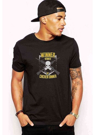 Pubg Kurukafa Sarı Gri Baskılı Siyah Erkek Tshirt