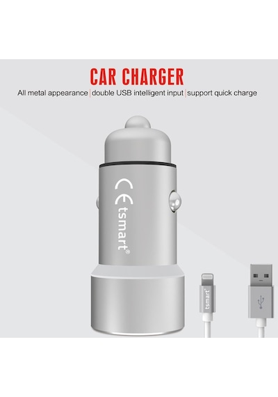 Tsmart Iphone Şarj Kablolu 2 Usb Metal Araç Şarj Seti 3.6A