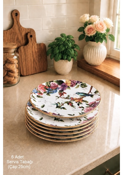 Flora 6 Kişilik 25cm Seramik Servis Sunum Tabağı Seti Beyaz