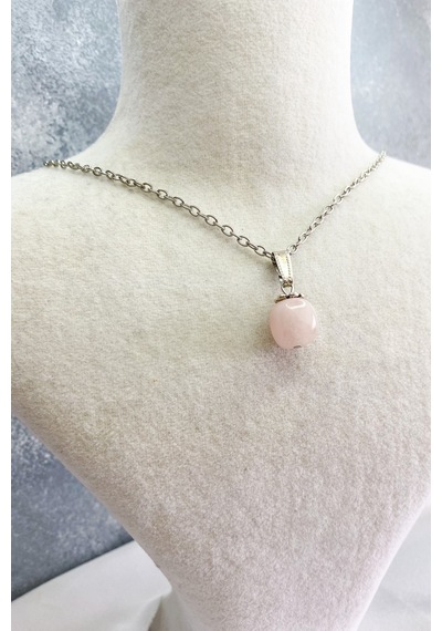 Pembe Kuvars Doğal Taş Zincir Kolye Standart